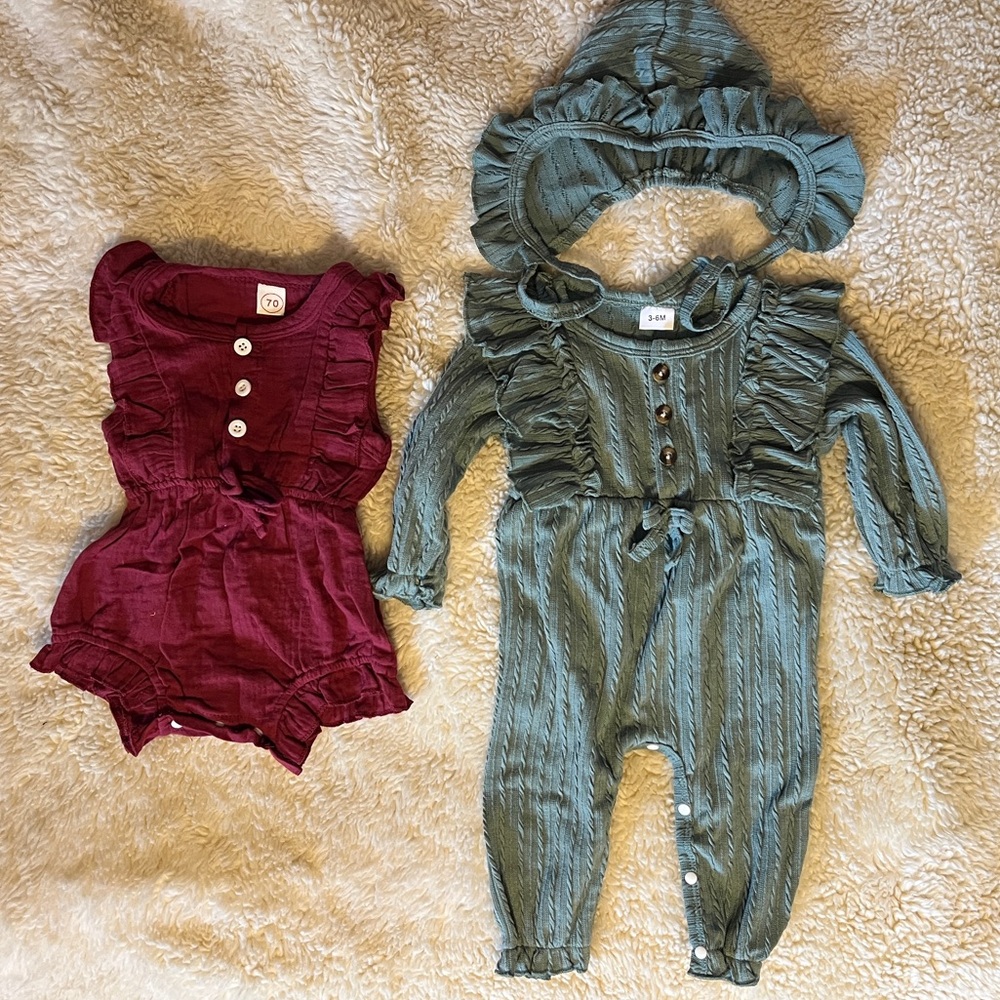 NWT Baby Ruffle Jumpsuit with Hat & short romper 3 piece, 3-6 months